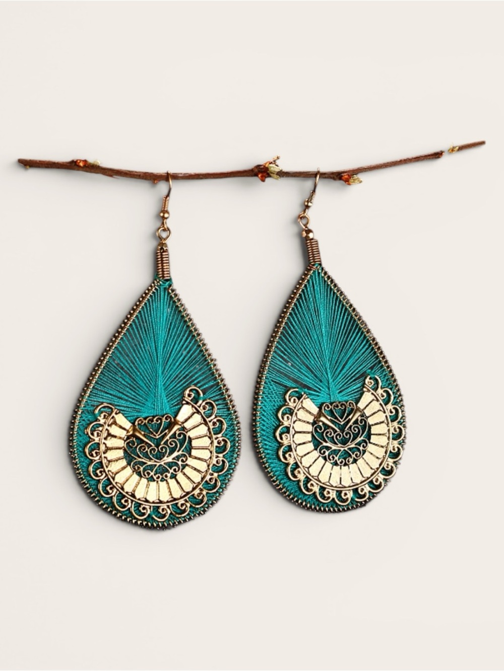 Boho Gold Teal String Teardrop Filigree Earrings